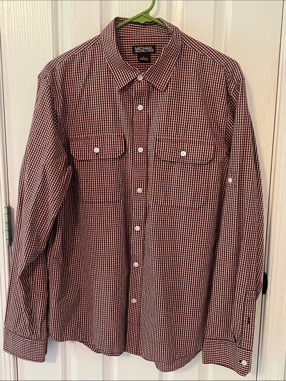 Michael Kors Men's Orange, Navy, and White Check Button-Down Shirt